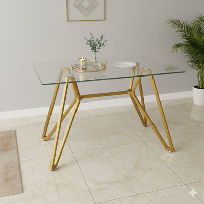 Table de salle à manger rectangulaire en verre de 47,3 pouces, convenant à 1 à 6 personnes, table de salle à manger de cuisine de style moderne, équipée de pieds de table en métal robustes, adaptée à la salle à manger, au salon, aux bureaux, à finition dorée