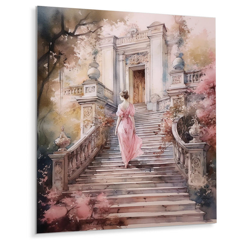 Élégante femme marchant dans un escalier II - Art mural romantique en métal, H 40 po x l 30 po