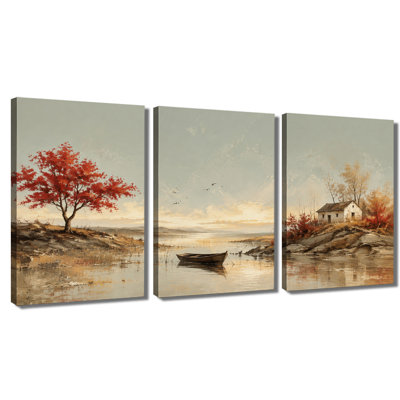 3‑panel wall art vintage autumn lake cottage landscape wrapped canvas print