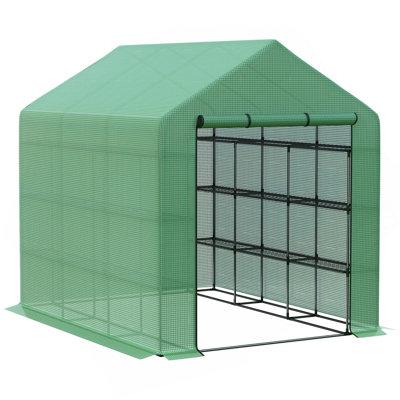 Serre de plain-pied pour l'extérieur avec porte à fermeture à glissière enroulable, 18 tablettes, housse en PE, petite et portative, joint d'humidité robuste, vert 95,25 po x 70,75 po x 82,75 po