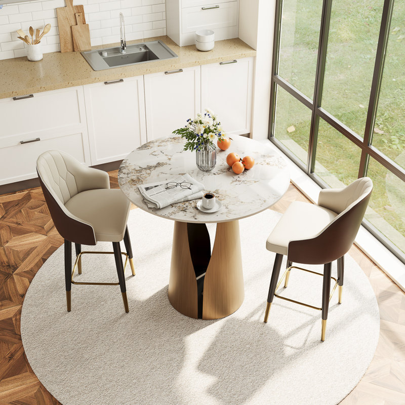 Table de salle à manger à hauteur de comptoir de 35 po pour 2 à 4 personnes, petite table ronde brillante Pandora pour la cuisine ou les petits espaces avec base en bronze, table de bar à hauteur de comptoir pour les familles