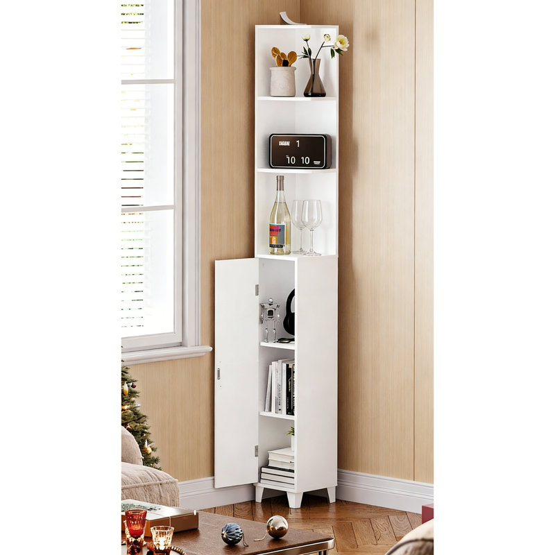5-Tier Narrow Corner Display Cabinet, Adjustable Shelves For Multiple Rooms, White