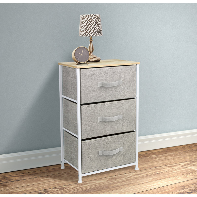 Beige 3-Drawer Steel Frame Nightstand with Fabric Bins