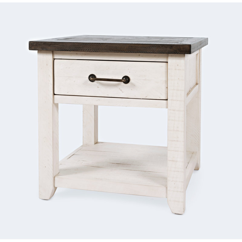 Table de bout en bois massif avec rangement Hemsworth, Blanc rétro