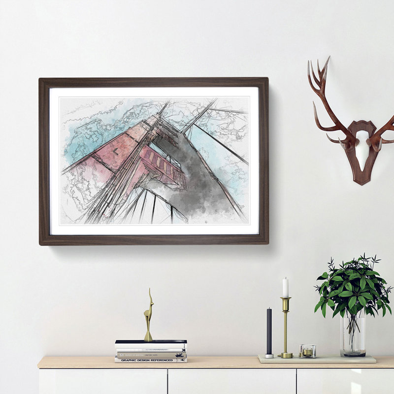 View of the Golden Gate Bridge in San Francisco Sketch - Picture Frame Graphic Art Print, 40cm H x 60cm W x 2cm D