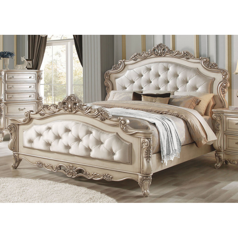 Antique White California King Upholstered Wood Bed with Tufted Headboard