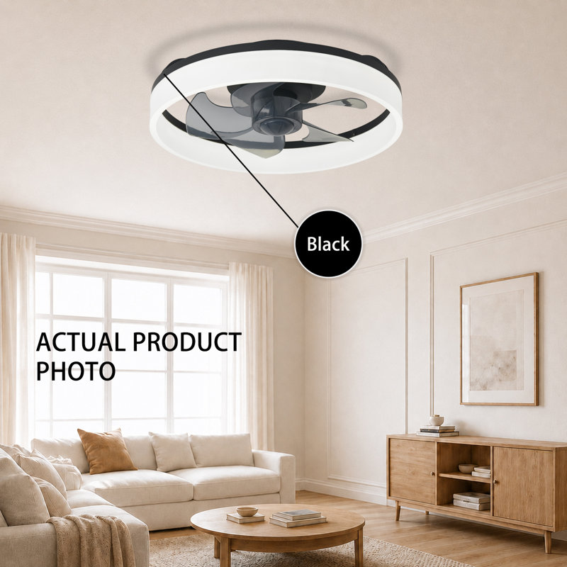 Ventilateur de plafond encastré noir 16 po avec lumière, profil bas, application et télécommande, moteur à courant continu silencieux à 6 vitesses, DEL à intensité variable pour la chambre à coucher