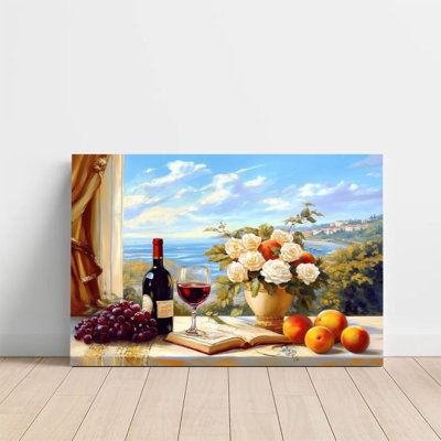 1Pc Framed Canvas Poster Print Mediterranean scenery, still life flowers and red wine, classical realism Wall Art Decor, Perfect for Room Decor Living Room Bedroom Office Kitchen Bathroom Home Decor, Ideal Home Wall Decoration Gift