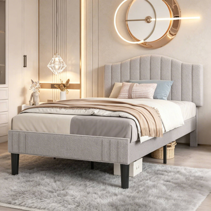 Lit plateforme simple avec tête de lit ajustable en tissu Aldora, Gris