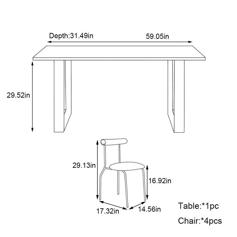 Simple white rectangular rock dining table set, 29.52"H x 59.05"L x 31.49"W