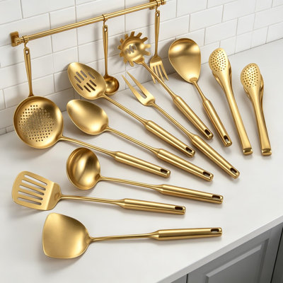Professional 11-Piece Stainless Steel Kitchen Utensil Set with Ergonomic Handle - Includes Spatula, Ladle, Spoon, Skimmer, Tongs, and Pasta Server for Cooking and Serving