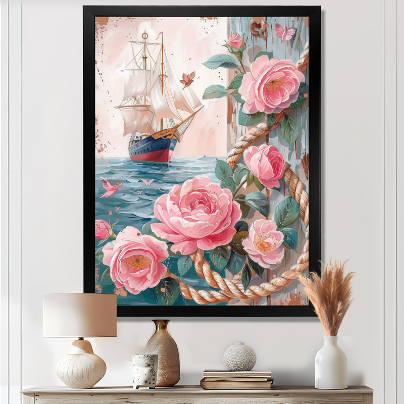 Ancre de pirate rose et vert avec roses roses I - art mural côtier, Toile encadrée noire simple, H 12 po x l 20 po x P 1 po