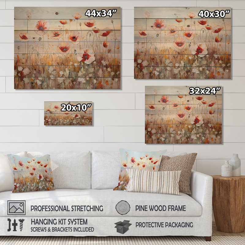 Champ de coquelicots rouges et dorés - coquelicots, art mural sur bois de pin naturel, H 10 po x l 20 po