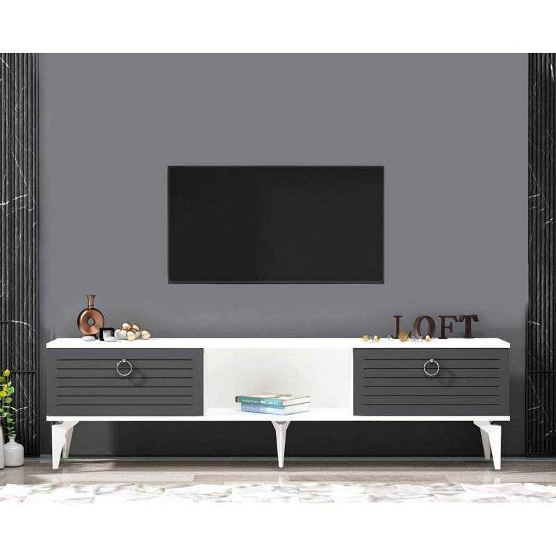 Catena Modern TV Stand with Wall-Mounting Capability, White & Anthracite, 59.0 x 17.6 x 11.6 inches | 100% Melamine Coated Particle Board, 0.7 inches Thick | Multiple Shelves for Organization, Stylish & Functional Design