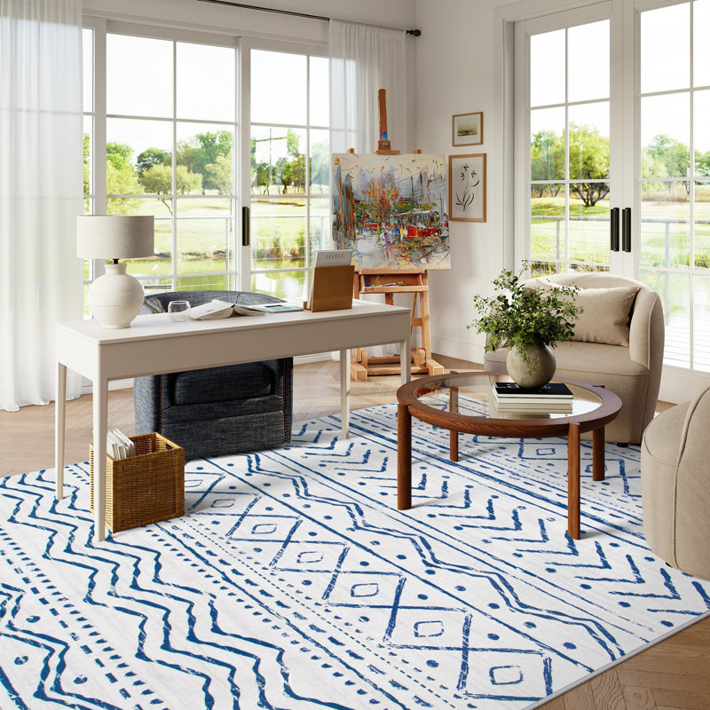 Tapis marocain à rayures Tribal, Rectangle 6 pi x 9 pi, Bleu / Rose