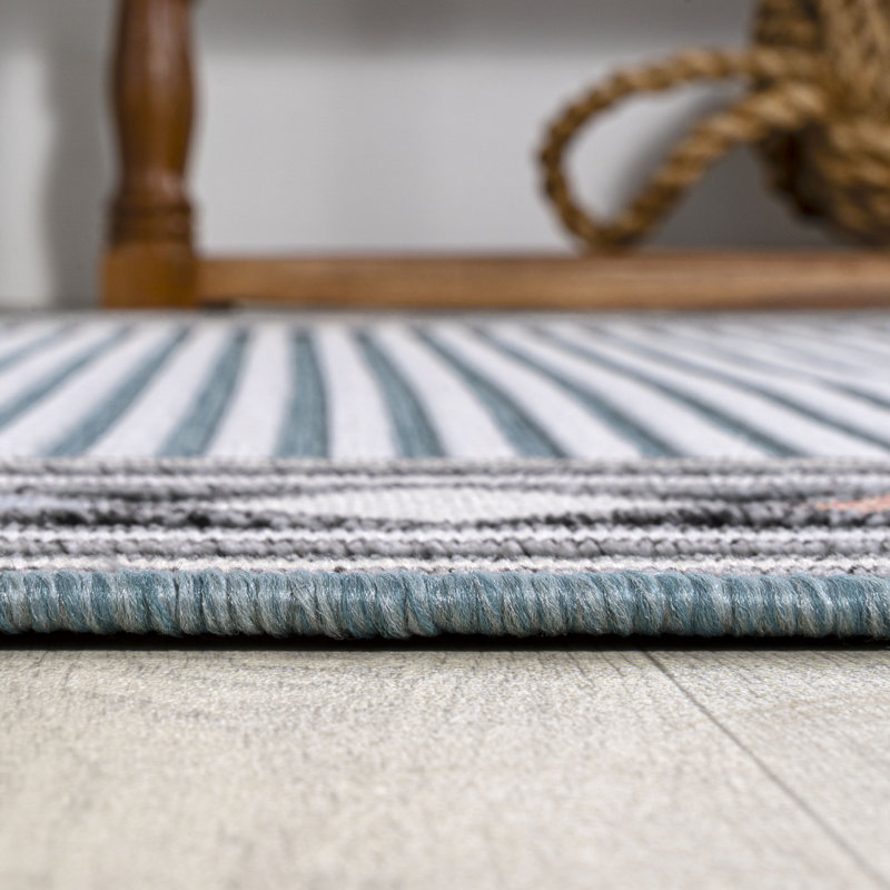 Hermindo High-Low Modern Diamond Border Blue/Ivory Indoor/Outdoor Rug, Rectangle 7'9" x 10'