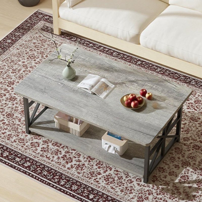 Modern Industrial Style Coffee Table With Frame, 2 Tier Living Room Table With Storage Shelf, Rectangular Center Table For Living Room Modern Style For Living Room, Office, Balcony
