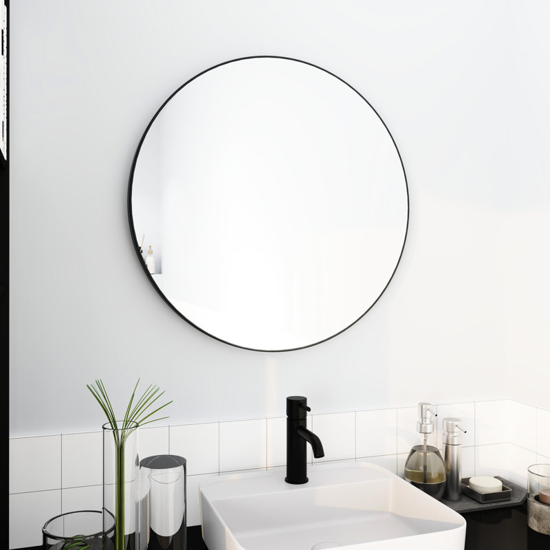 Wall Mounted 24" Black Mirror For A Modern Home Decor With 4mm Glass And Backboard, 24" x 24", Round