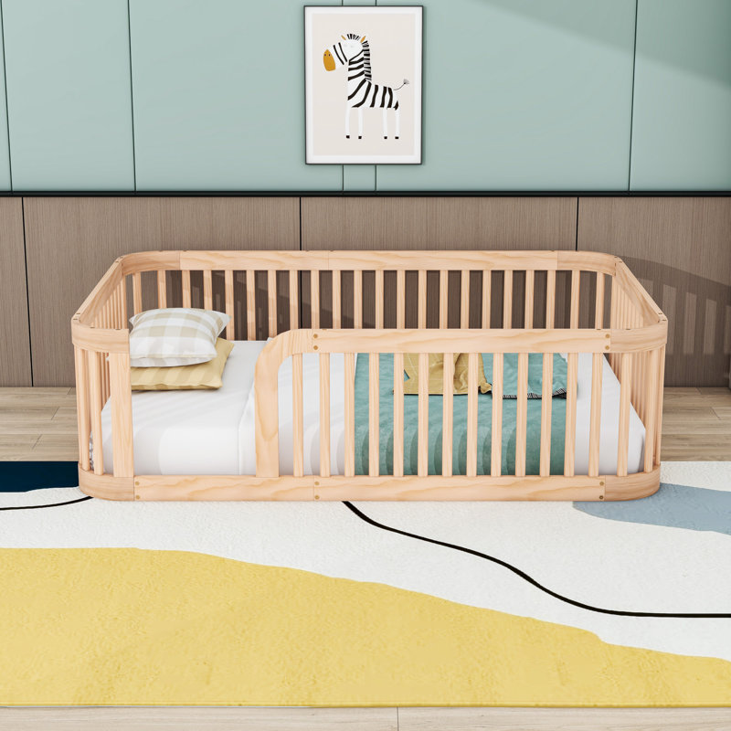 Full Wood Floor Bed With Fence, Natural