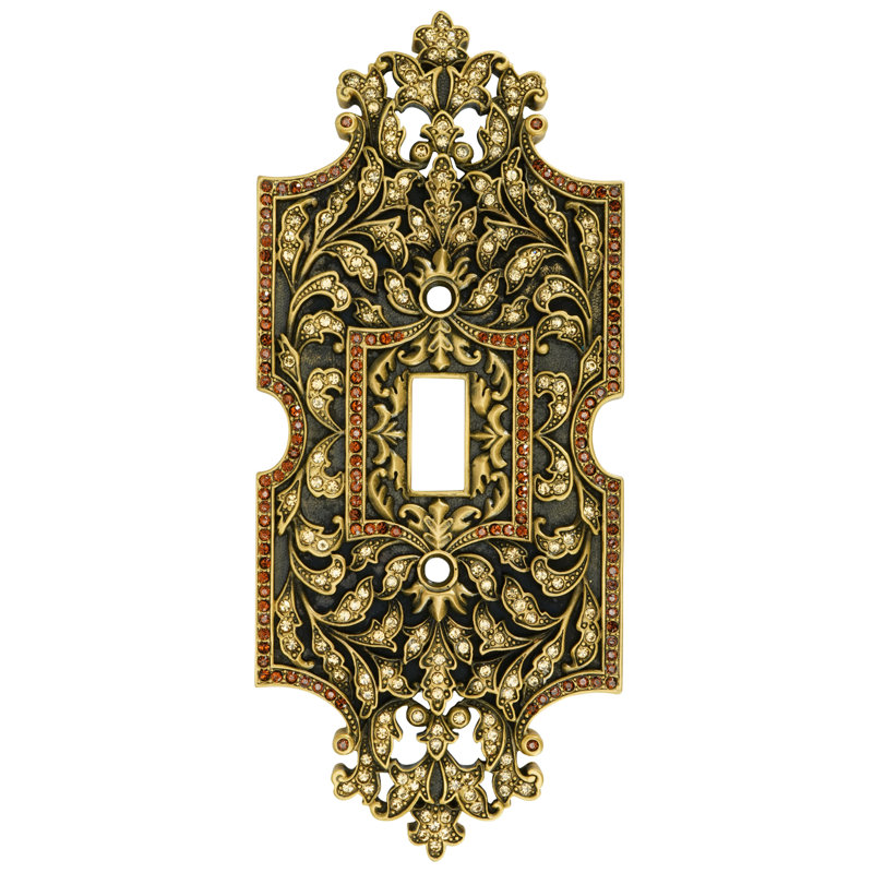SINGLE TOGGLE SWITCH PLATE; LT. COLORADO & SMOKE TOPAZ DECORATED WITH SWAROVSKI CRYSTALS; IN MUSEUM GOLD, Museum Gold