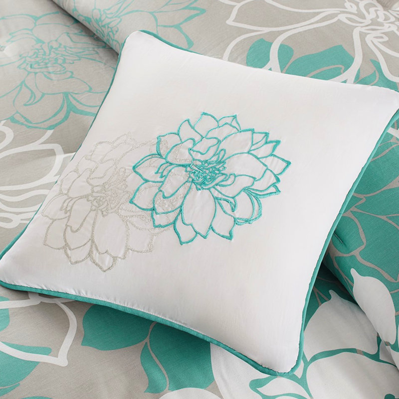 Édredon en coton imprimé très grand, 3 coussins décoratifs, long avec bourre à imprimé floral, jupe de lit texturée
