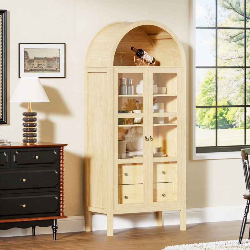 Arched Cabinet with Glass Doors,Height Adjustable Shelf and 2 Drawers, Oak