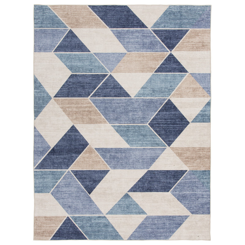Tapis d'intérieur en polyester géométrique beige / bleu 2 pi 3 po x 6 pi George Oliver