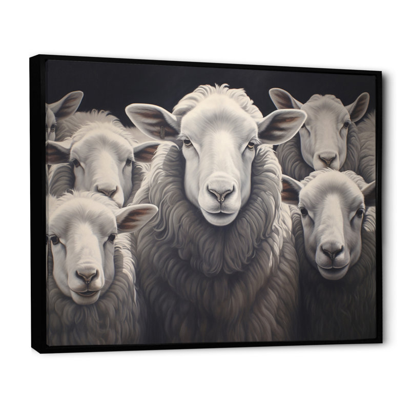 Famille de moutons monochrome II - impression, H 30 po x l 40 po x P 1,5 po, Cadre flottant noir