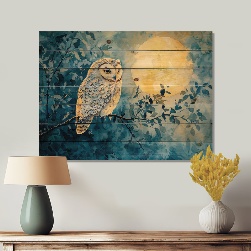 Aquarelle de hibou au clair de lune Tranquility II - décoration murale en bois animal hibou - sur bois de pin naturel