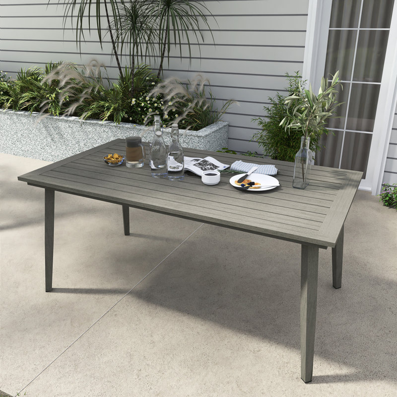 Table de salle à manger rectangulaire en aluminium pour 6 personnes avec trou pour parasol, Gris