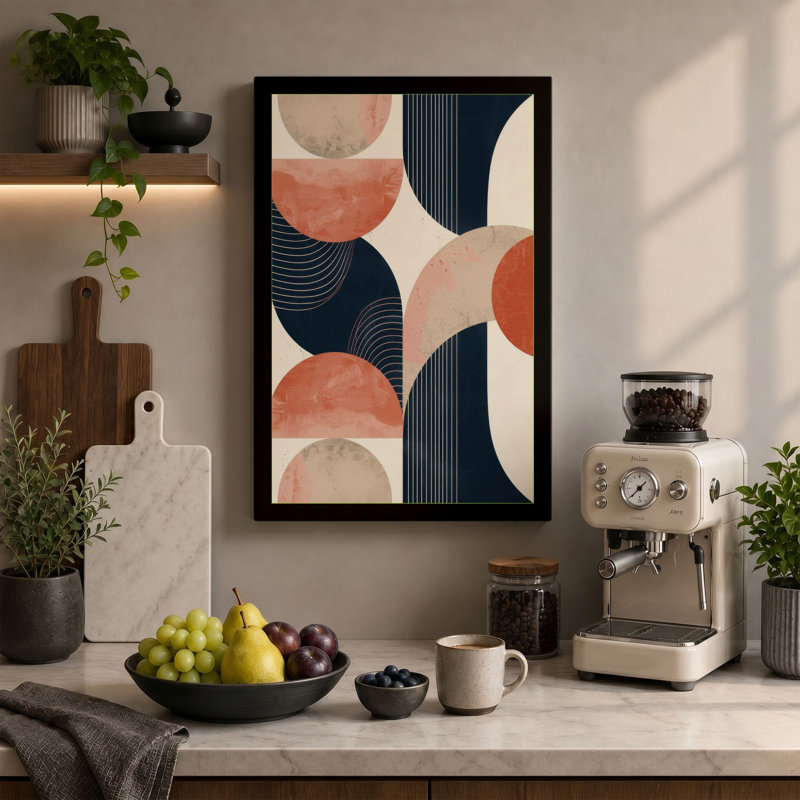 Geometric Harmony Mid-Century 1 Piece Wrapped Canvas Wall Art, 18x12 - 45.7 x 30.5 cm, Black Border