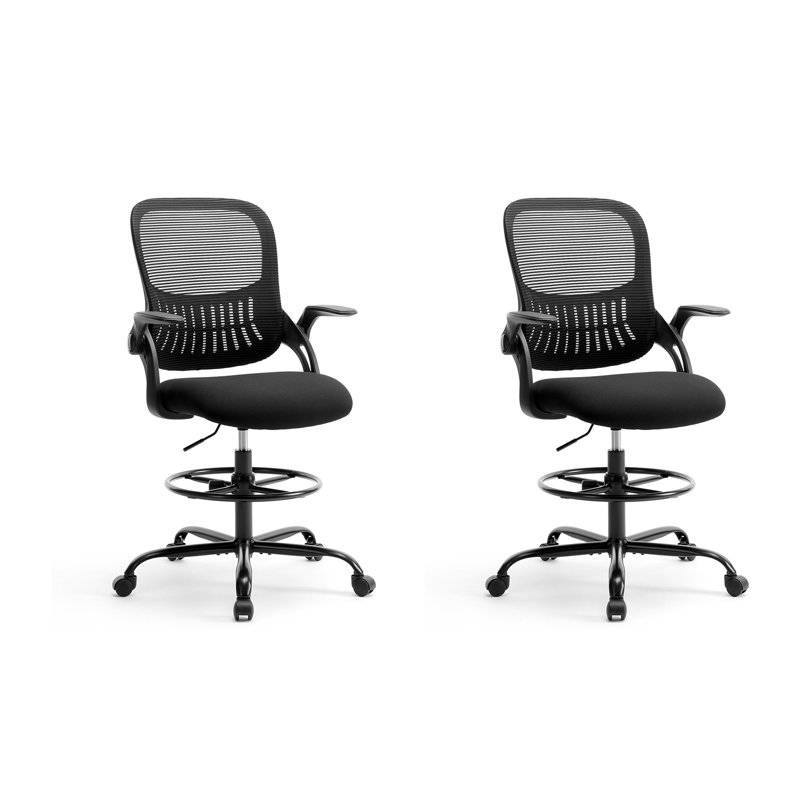 Nenney Ergonomic Mesh and Metal Drafting Chair with Adjustable Footrest, Black, Black