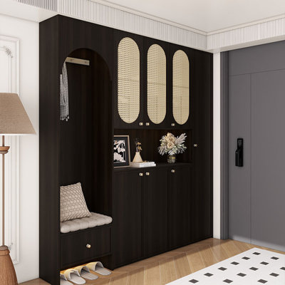 90.55"H Rattan Entryway Cabinet, Multi-Functional Foyer Coat Rack & Large-Capacity Shoe Storage Cabinet