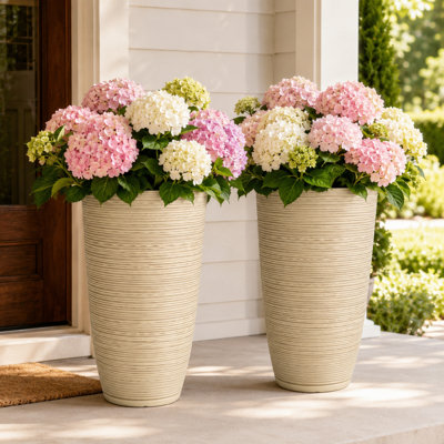 Set of 2 23.5" H Ivory Speckled Plastic Indoor/Outdoor Planters with Vertical Stripe Texture