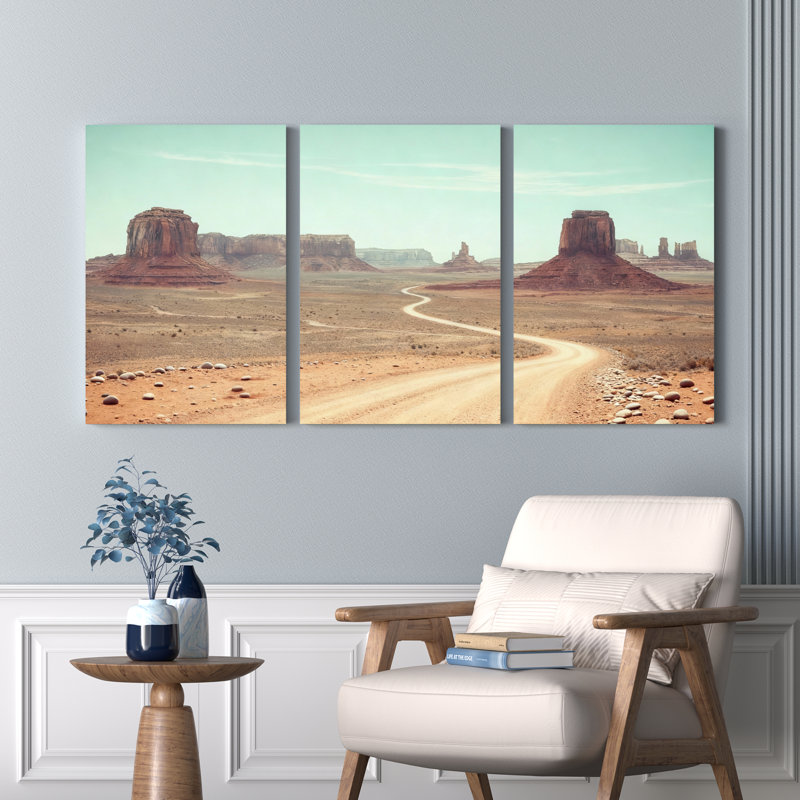 Ensemble de 3 tableaux sur toile représentant un paysage désertique avec formations rocheuses et route sinueuse