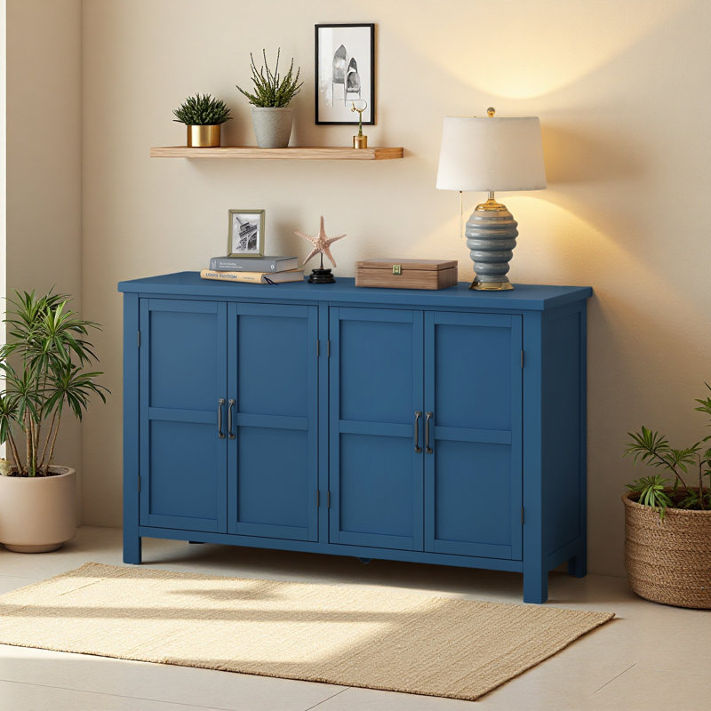 Buffet de rangement 4 portes avec tablettes réglables et poignées rétro Atimon, Marine