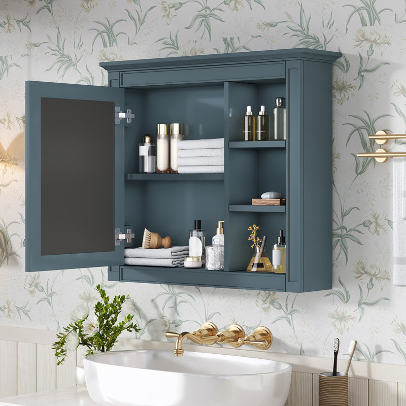 Armoire de rangement murale avec miroirs et tablettes ouvertes, Bleu