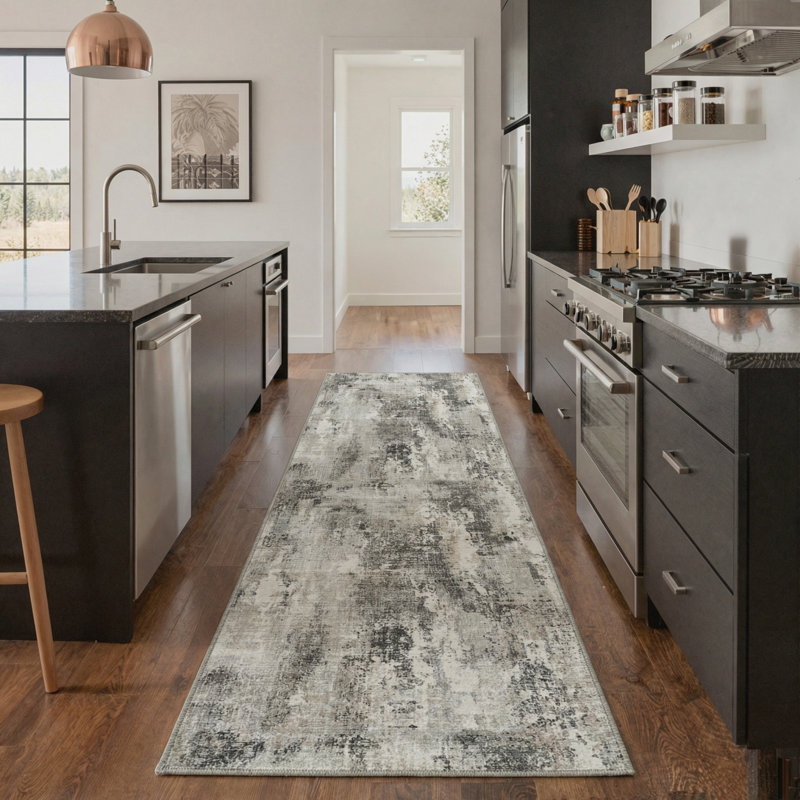 Mignone Abstract Texture Machine Washable Ash Gray Indoor Area Rug With Non-Slip Backing, Runner 2' x 6'