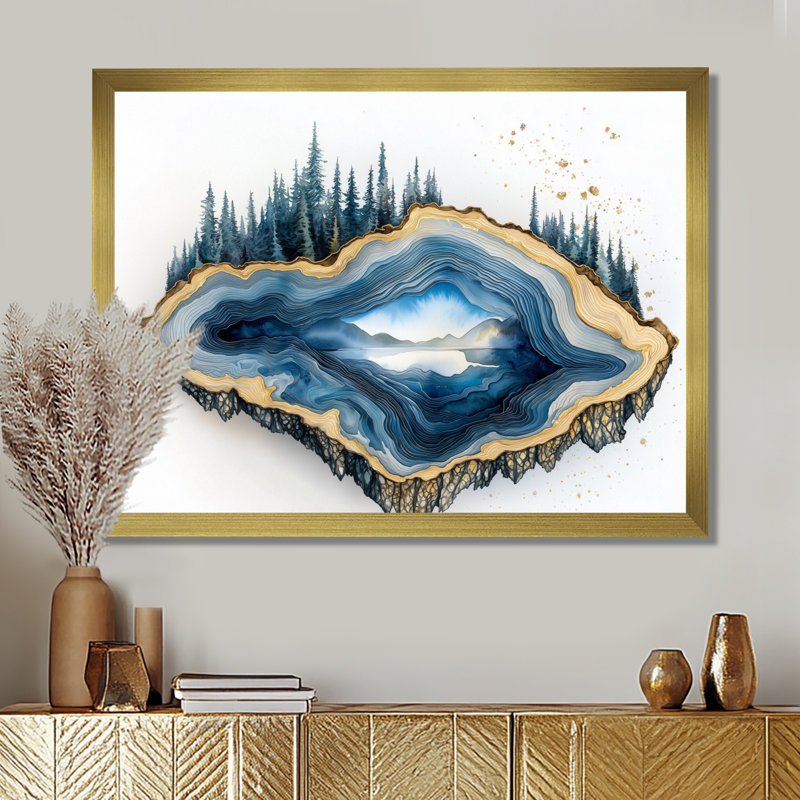 «Forest Geode and Wood Slide Spiral» - art mural cristaux, H 16 po x l 32 po, Avec cadre, Doré
