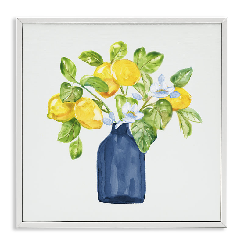 «Lemon Branches», art de la giclée bleue encadrée par Nan, Estampe numérique encadrée blanc bord de mer, H 17 po x l 17 po