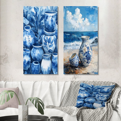 Ensemble de 2 pièces d'art mural bleu et blanc Boho