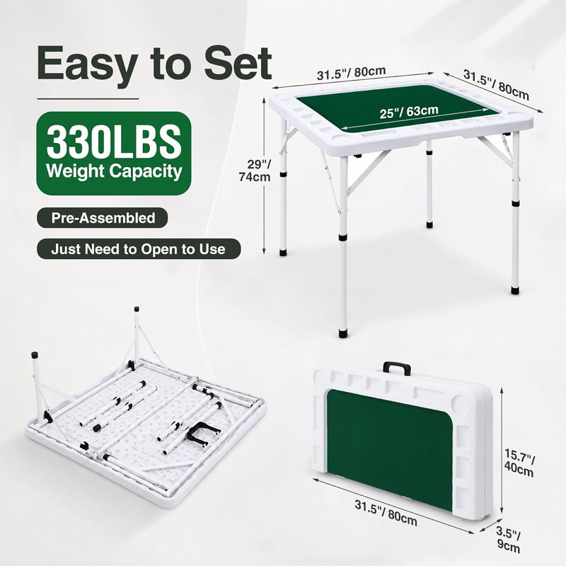 Folding Mahjong Game Table with Green Felt Top, 4 Cup Holders & Tile Trays