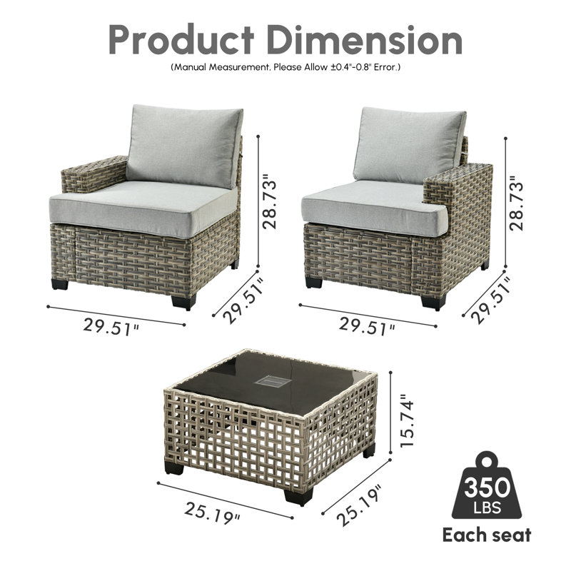 Ensemble de canapé modulaire d'extérieur en osier 3 pièces avec table basse et coussins Wahkon, Light Gray