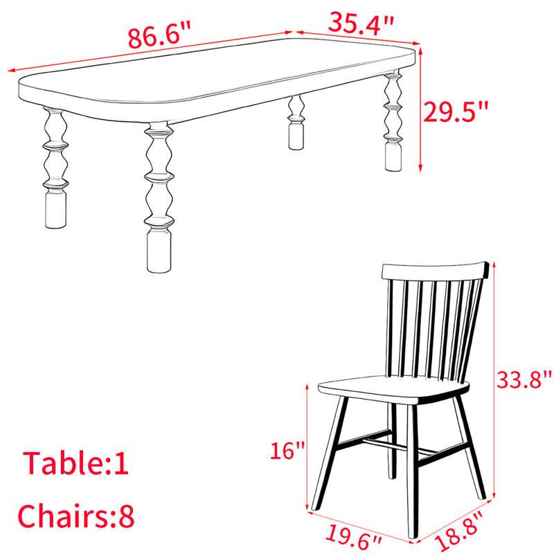 Ensemble de table de salle à manger en bois massif de style américain, H 29,5 po x L 86,6 po x l 35,4 po