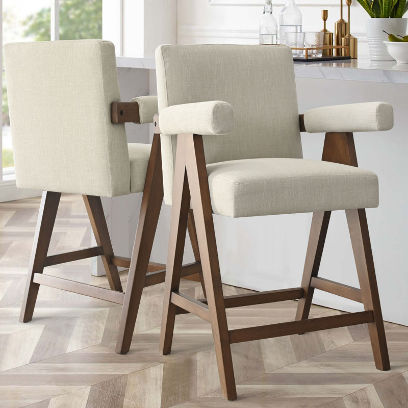 Occeus Set of 2 Full Back 25.5" Walnut Wood Upholstered Counter Stool With Arms, Green