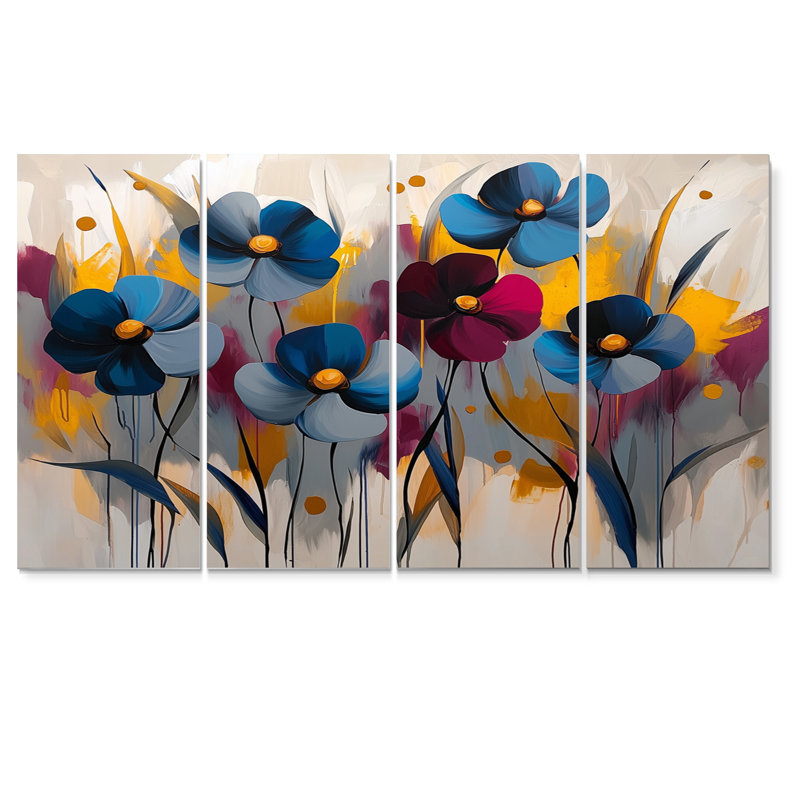 Fleurs bleues et bleues rouges - bleuet, art mural - ensemble de décorations murales traditionnelles, H 32 po x l 64 po, 4