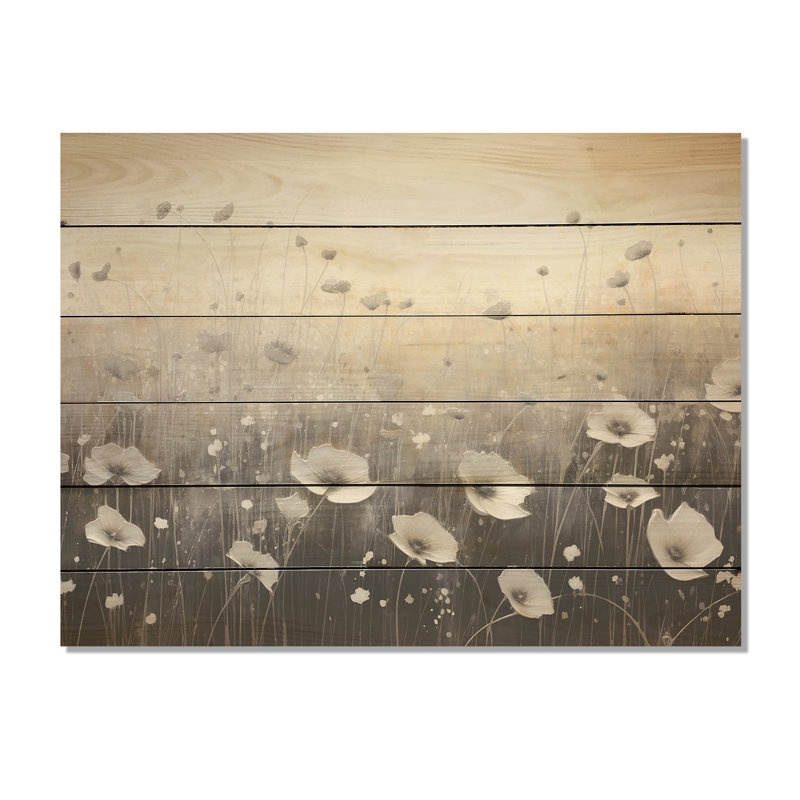 «Misty Opalescent Floral Field», art mural en bois sur bois de pin naturel, H 24 po x l 32 po