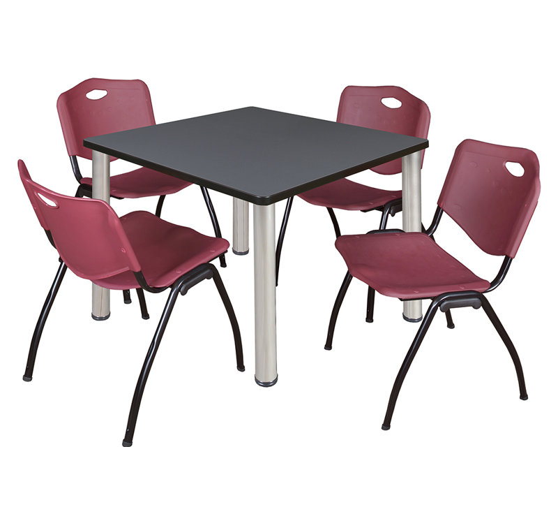 Plateau de table Kee Square, 4 chaises empilables, H 30 po x l 29 po x P 29 po, Chrome, Gris