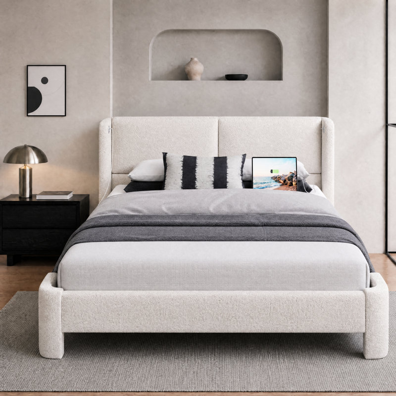 Upholstered Platform Bed with Wingback Headboard, USB Ports and Wooden Slats, Queen, Cream
