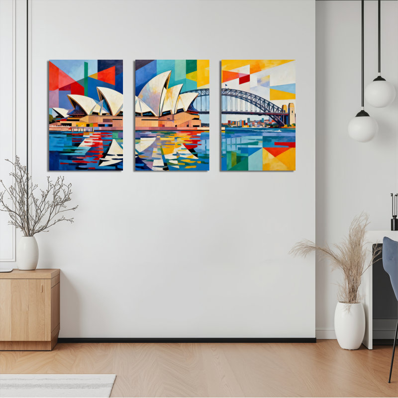 Ensemble de 3 tableaux géométriques abstraits sur toile tendue représentant l'Opéra de Sydney et le Harbour Bridge